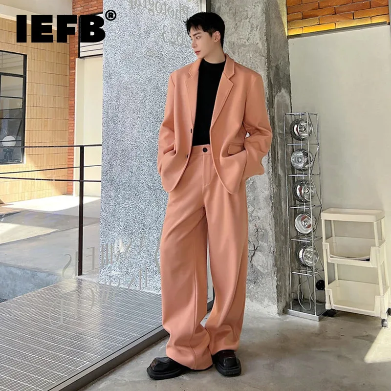 IEFB Men\'s Suits Woolen Single Breasted Lapel Blazers Straight Wide Leg Casual Pants Trend Autumn Winter Two Pieces Set 9C3079