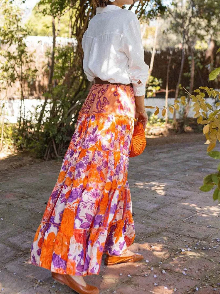 ผู้หญิงลําลอง Ruffles Patchwork กระโปรง,วันหยุดฤดูร้อน Elegant Elastic เอวกระโปรงเก๋,2025 พิมพ์แฟชั่นผู้หญิงกระโปรง