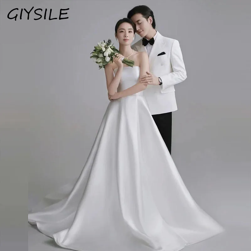 GIYSILE Simple Bridal White Dress  Wedding Dress Korean Satin Tube Top Welcome Dress Tailing Light Wedding Dresses for Women