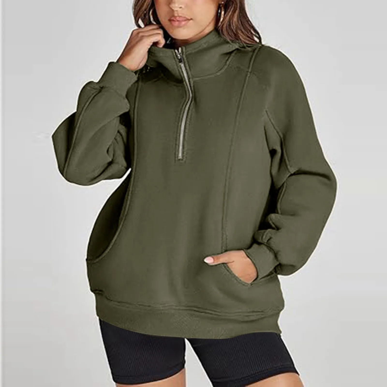 

Solid Color Half Zip Long Sleeved Sweatshirts Casual High Collar Pockets Pullover Tops Women Loose Fit All Match Hoodies