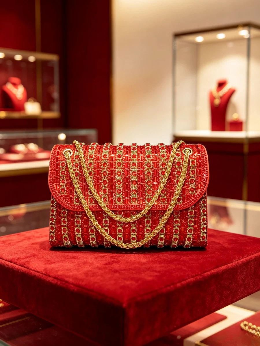 Bright Red Vertical Dense Rhinestone Gold Chain Flap Clutch Luxury Festive Evening Bag Middle Aged Women Wedding Banquet Heavy