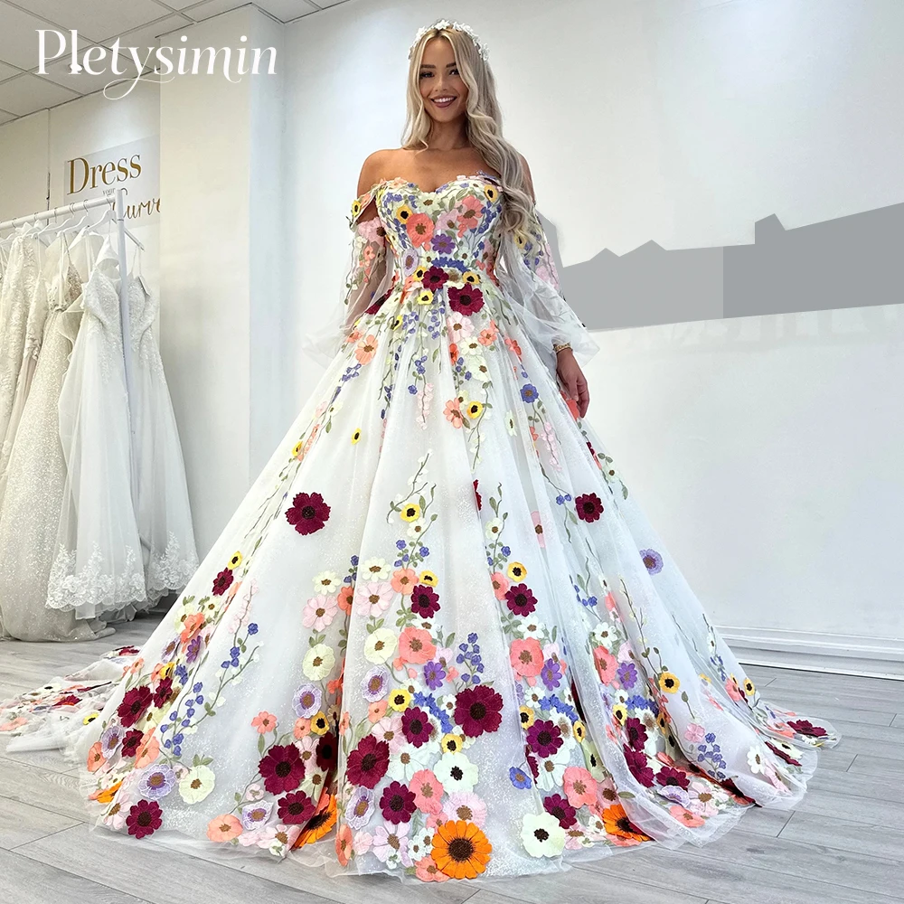 로맨틱 플로럴 오프숄더 A라인 웨딩드레스 탈부착 가능한 퍼프 슬리브 롱 프롬 가운 프린세스 스위트하트 튤 브라이덜 가운