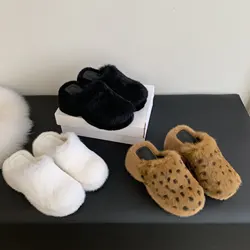 Shoes Woman 2025 Plush Slippers For Adults Cover Toe Low Female Mule Square heel Loafers Fur Leopard Mules Block Hoof Heels leop