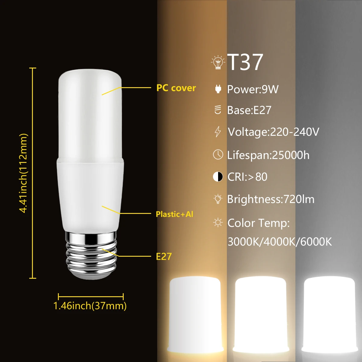 Ledライトバー電球,t37,9w,ac220v,e27,e14,超高輝度,3000k,4000k,6000k,家庭用,寝室用,オフィス用装飾ランプ