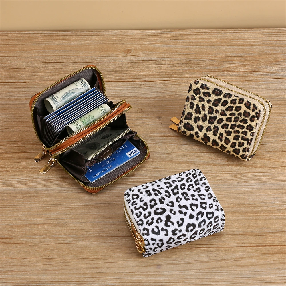 Women Coin Purse Double Zipper Wallet Leopard Print Card Holder Small Change Bag Multi Function Cash Storage Mini Money Pouch