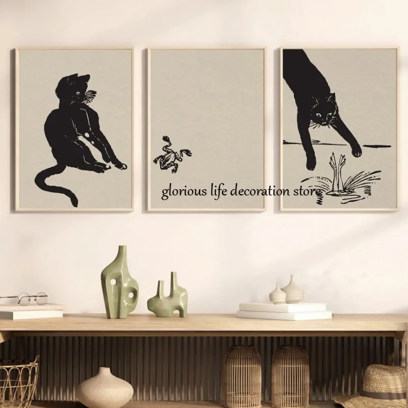 Impresiones japonesas, carteles de gato negro, arte Vintage, rana saltando en agua, pintura en lienzo, imagen artística de pared para decoración del hogar y la sala de estar