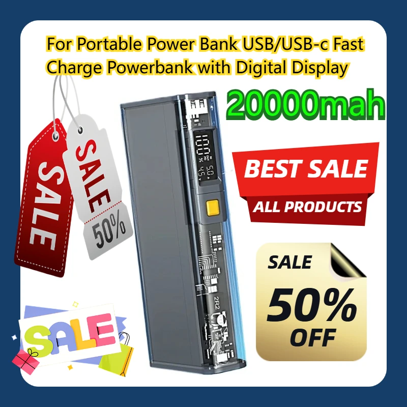 

For Portable 20000mAh Power Bank USB/USB-c Fast Charge Powerbank with Digital Display