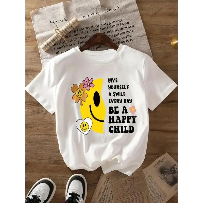 

Women's Split Smiley Face T-Shirt "Happy Child" Graphic Tee Y2K Positive Vibes Cotton Top Retro Summer Casual Gift