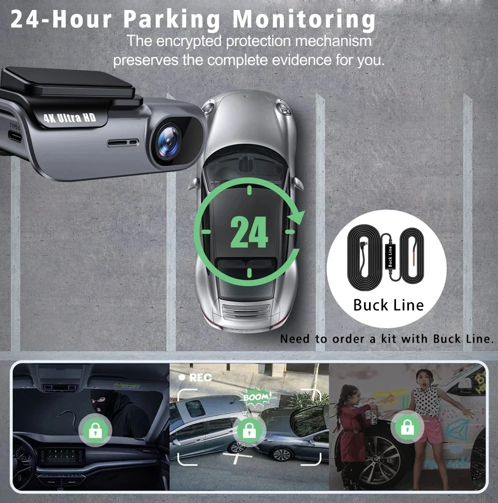 DashCam 4K Mini Auto-DVR-Videorekorder mit GPS-WIFI-Unterstützung, Dual-Objektiv 1080P Rückfahrkamera, Nachtsicht, Black Box, 24-Stunden-Parküberwachung – Detail 10