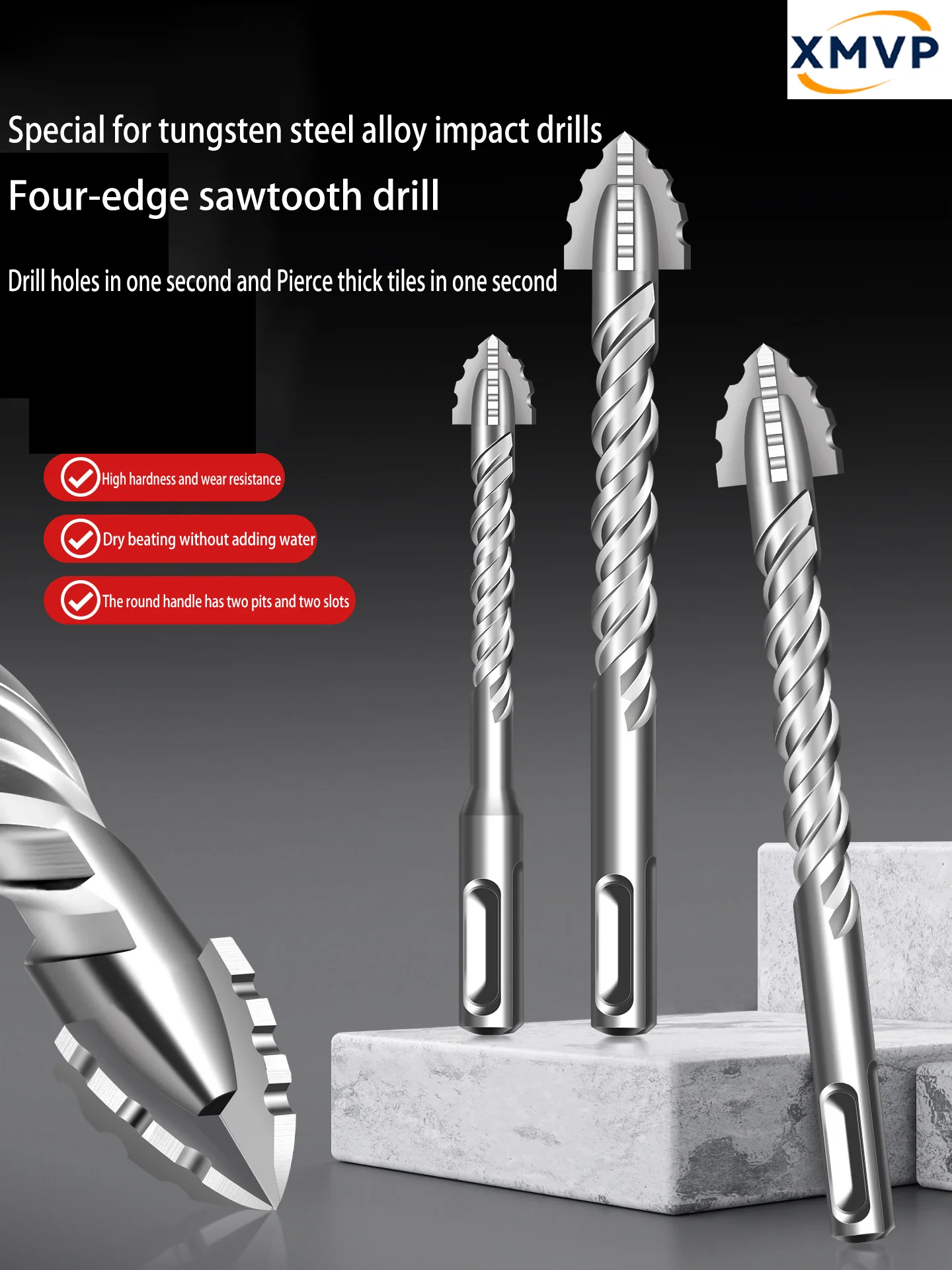 A special dry-drilling drill bit for concrete, tiles, glass and marble drilling with a round-handled four-edge saw drill and ele