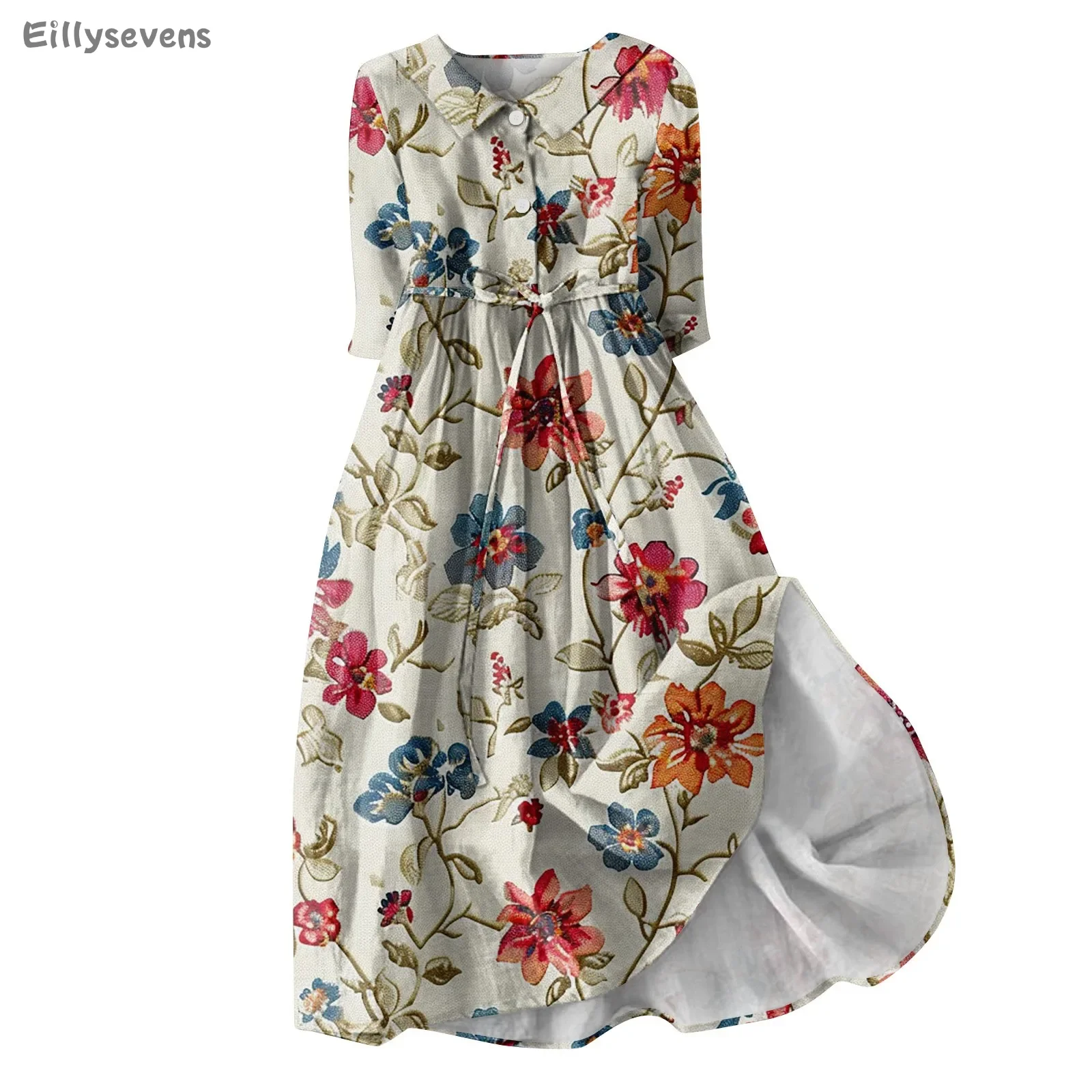 dresses for women Fashion Retro Floral Print long skirt Shade Button Three Quarter Sleeve Dress summer Loose comfortable vestido