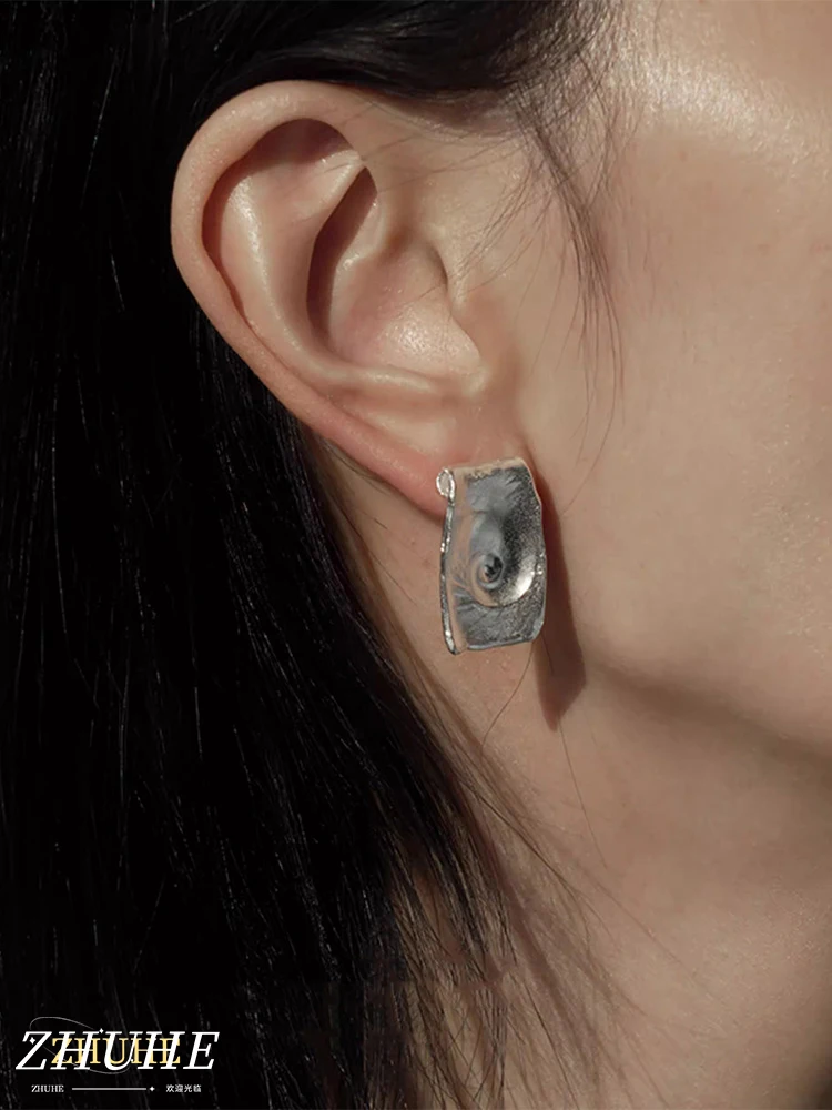 

Unique Spiral Shell Texture Silver Earrings Irregular Square Shape Artistic Fashion Accessories