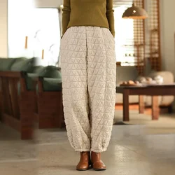 Large-Size High-Waist Cotton Pants Women's Autumn Winter Padded Cotton Casual Trousers Loose Elastic Waist Wide-Leg Pants Female