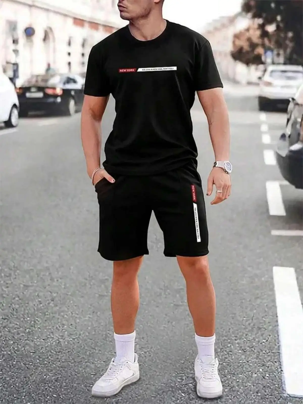 

Hot selling summer American letter printed men's breathable round neck T-shirt shorts set outdoor street fashion two-piece set