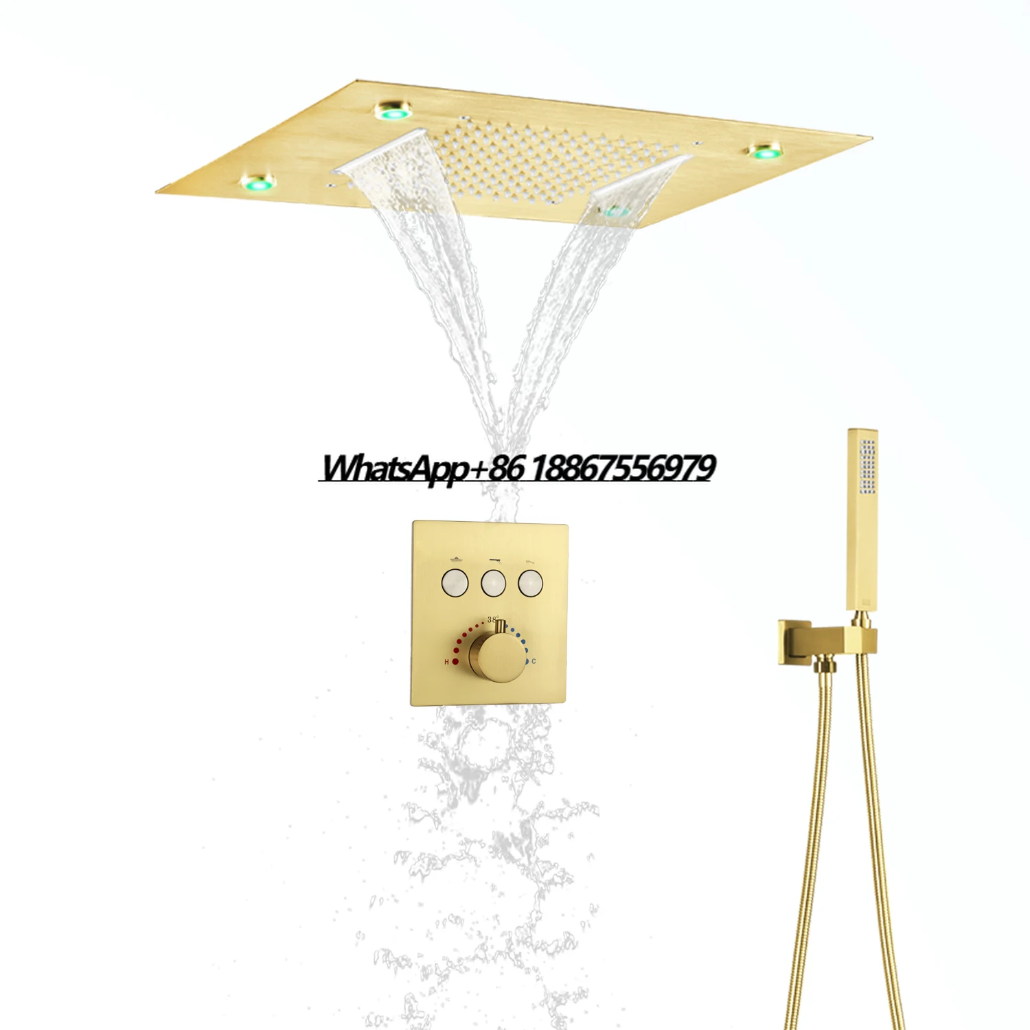

Ceiling Shower System 20x14 Inch Large LED Shower Head Rain Waterfall Bath Gold Faucets Set With Thermostatic Mixer Valve