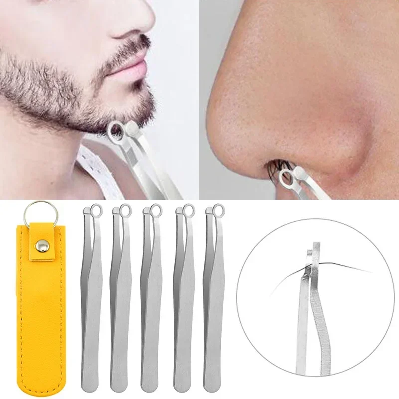 Stainless Steel Hair Remove Eyebrow Trimmer Round Tip Nose Razor Nose Hair Tweezer Nose Clean Leather Cover Tweezer Makeup Tool