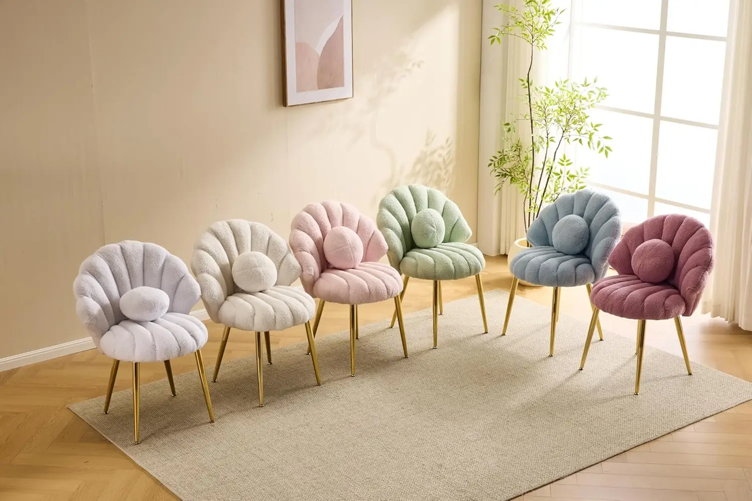 #Shell Teddy Fleece Accent Chair with Back,No-Wheels Desk Chair,Pearl Pillow,Makeup Office Dining Nail Sewing Room