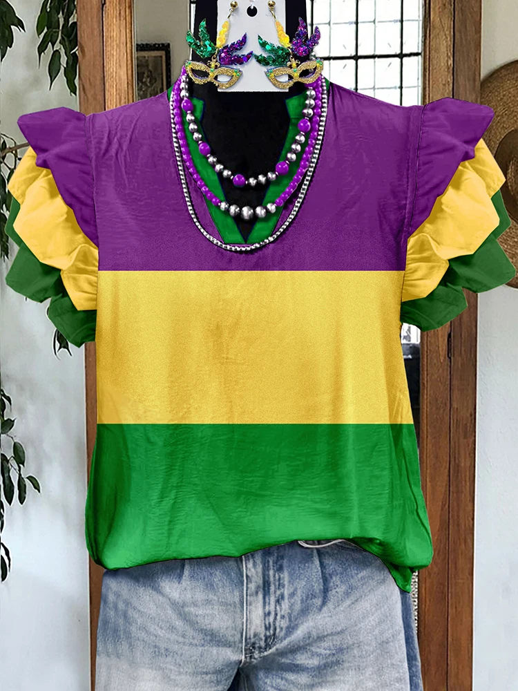 Classic Mardi Gras Contrast Fly Sleeve Blouse