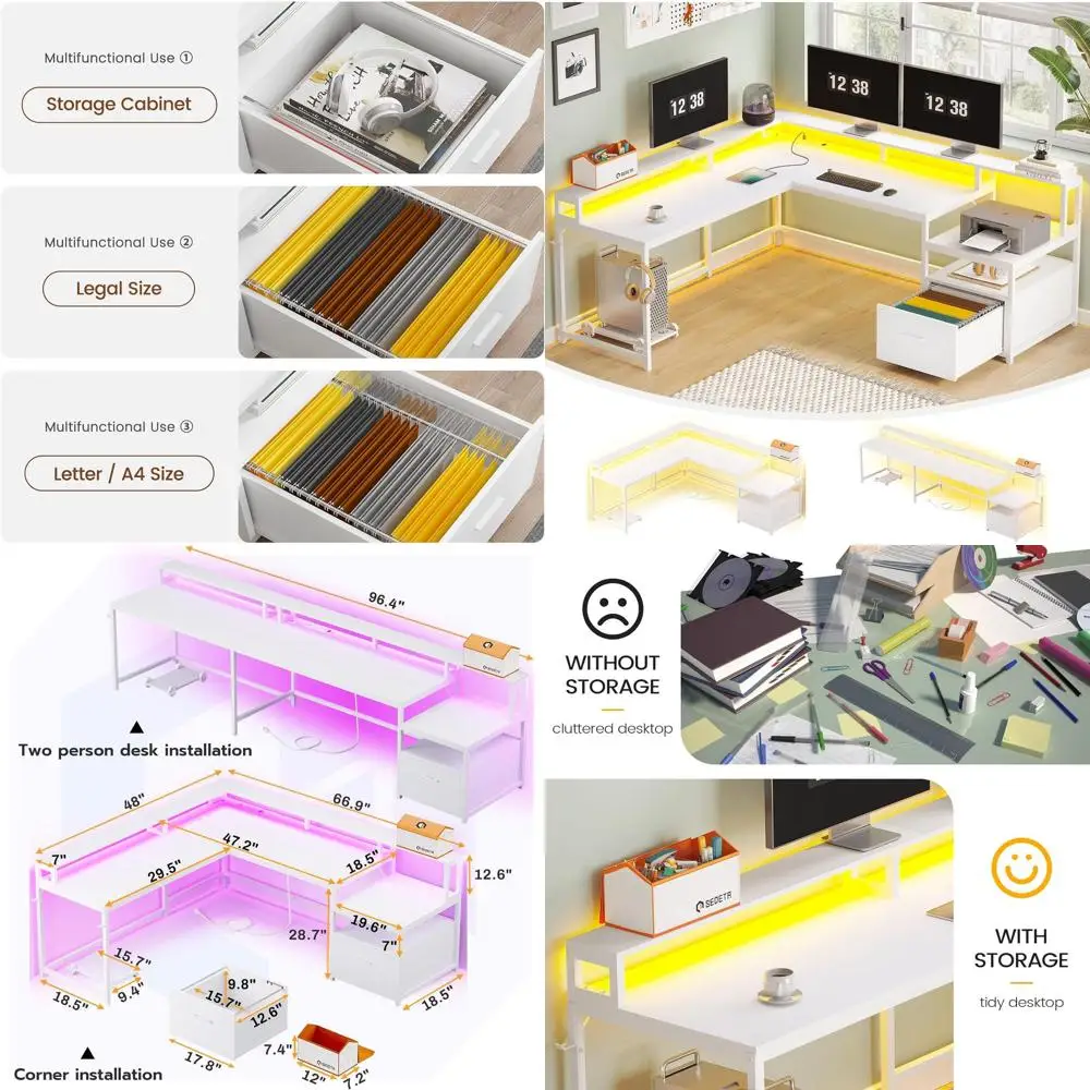 

Игровой L-образный стол 66 дюймов с деревянным выдвижным ящиком для документов, розеткой, LED-подсветкой, полкой для монитора и местом для принтера для домашнего офиса или работы вдвоем