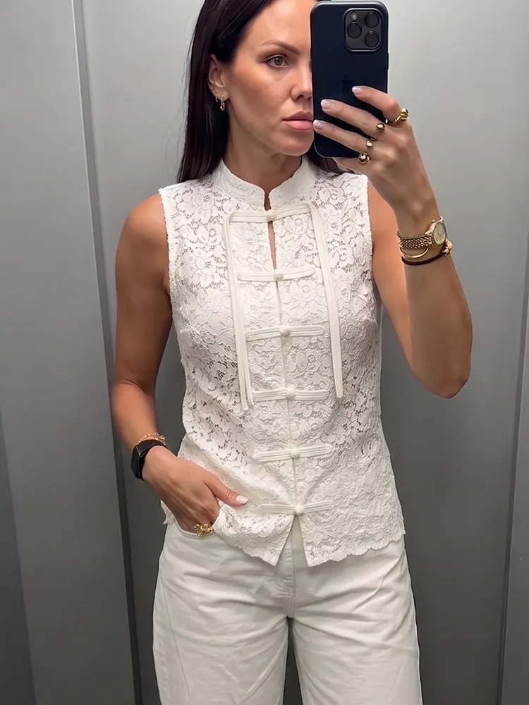 Womens White Floral Lace Sleeveless Tank Top Mandarin Collar Frog Buttons High Street Casual Summer Vacation Fashion Party Tops