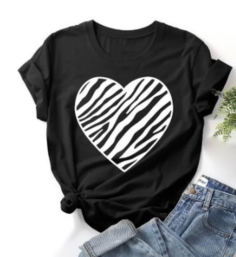 

White Stripe Heart Print Women T Shirt Short Sleeve O Neck Loose Women Tshirt Ladies Tee Shirt Tops Camisetas Mujer