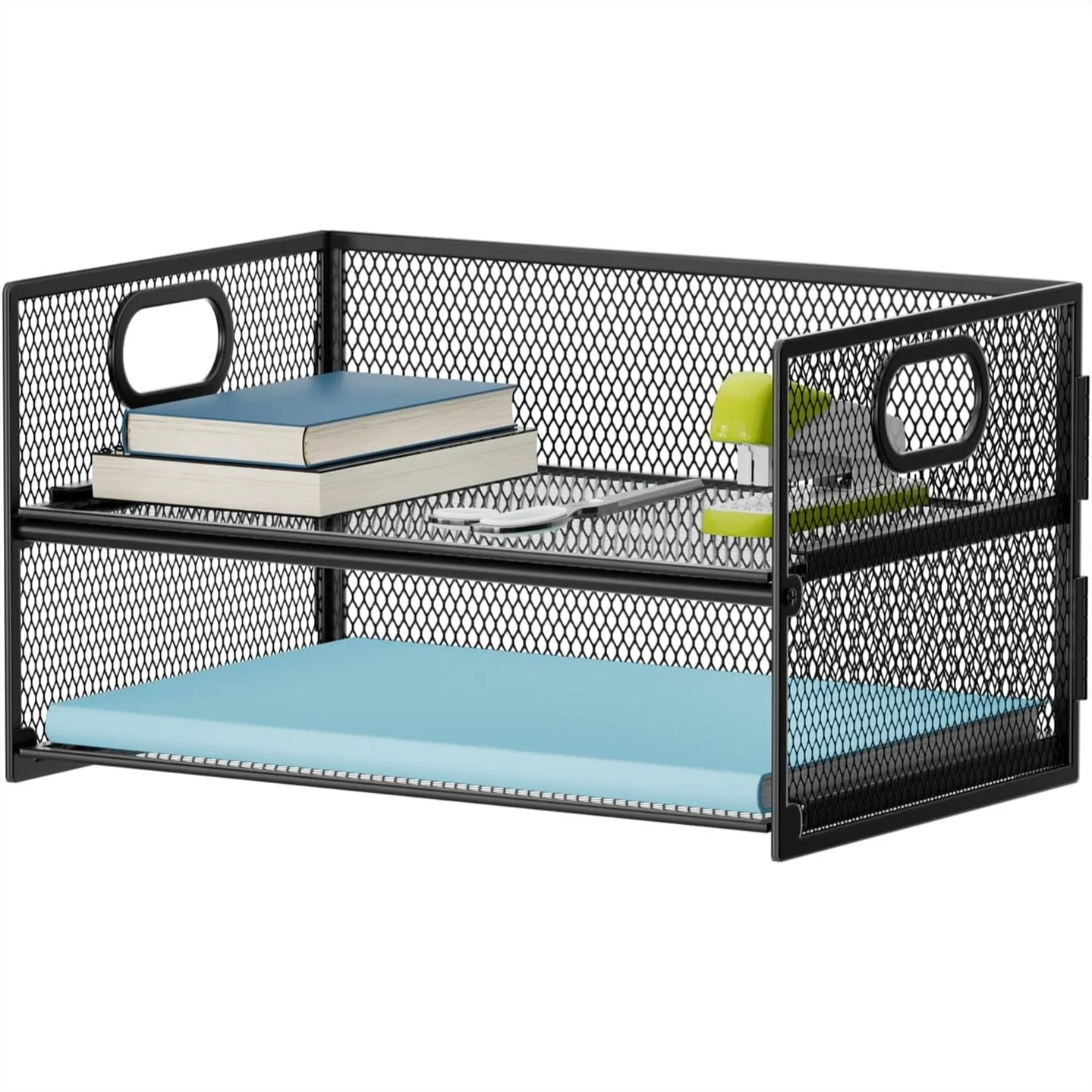 

Сетчатый органайзер для файлов с ручкой, 2-уровневый лоток для бумаг для домашнего офиса - черный