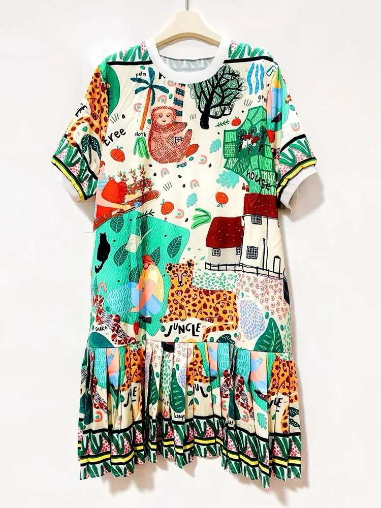 Ontworpen retro geometrisch bedrukte T-shirtjurk met ronde hals, zomerjurk voor dames, modieuze geplooide losse gezwollen rok