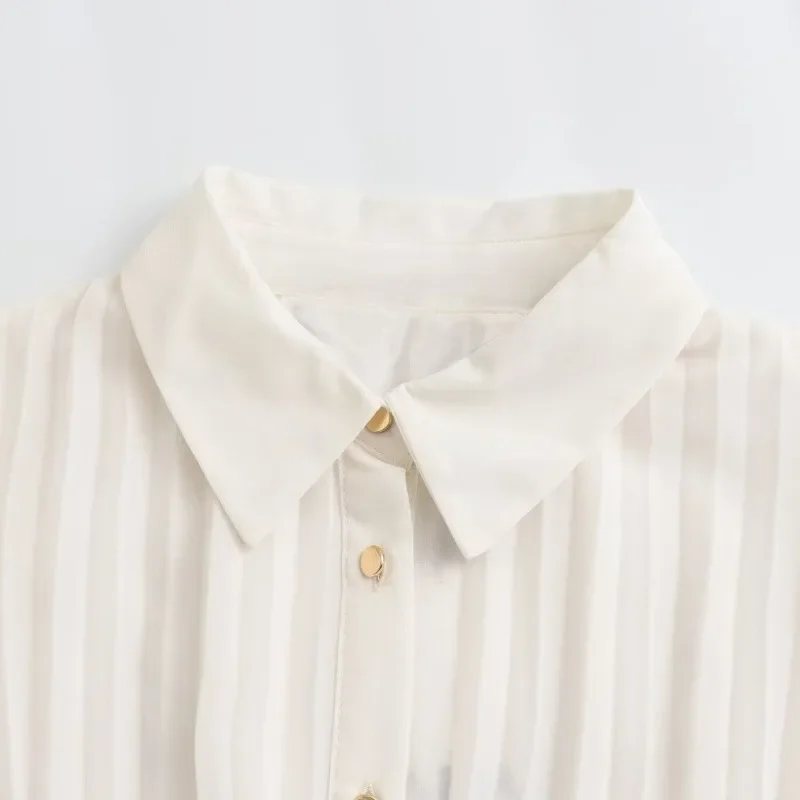 منتجات الصيف الجديدة 2025 الملابس النسائية قميص مزاجه المألوف الأبيض الراقية حزام طويل مطوي فستان فرنسي