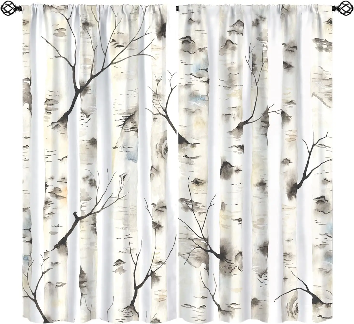 Boho Woodland Abstract Birch Tree Print Curtains Window Drapes Neutral Farmhouse Living Room Decor