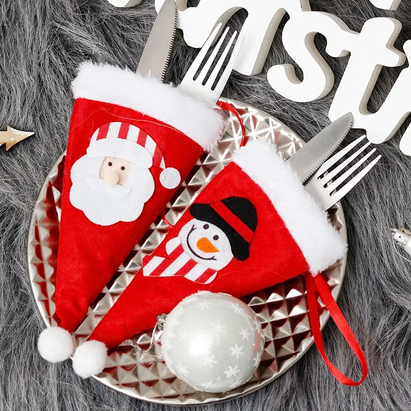 Christmas Cutlery Bag Set Silverware Hold Bag Christmas Tableware Cover Christmas Hat Cutlery Storage Bag Mini Fork Bag