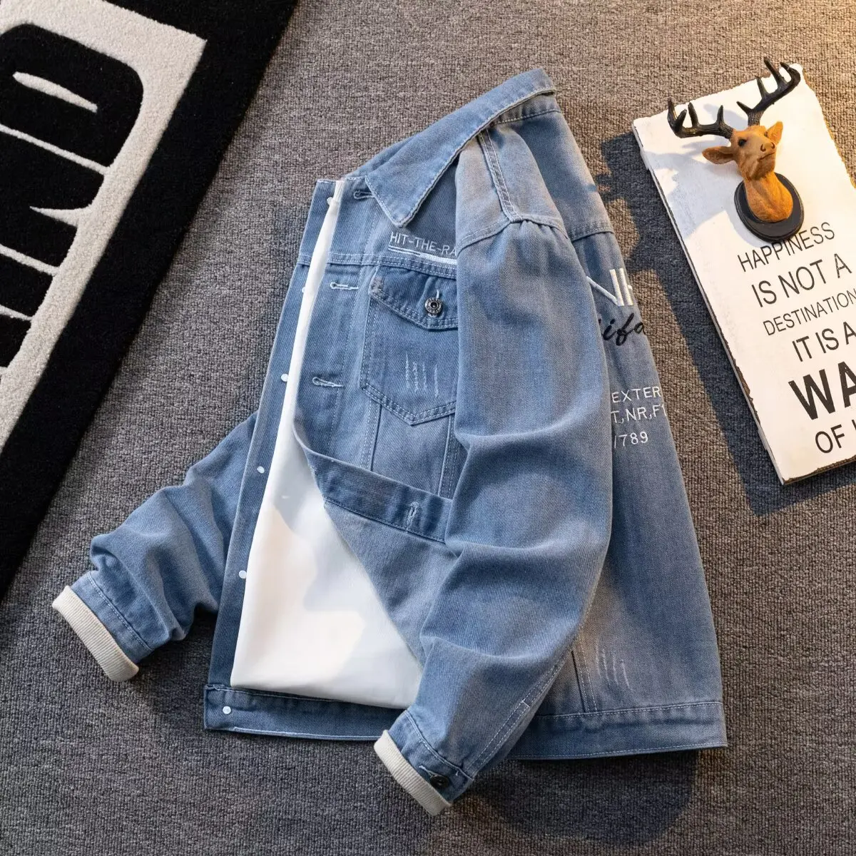 

American Retro Letter Embroidery Jeans Jaet Men's Trendy Loose Casual Outerwear Spring Autumn Top Cotton Polyester Blend