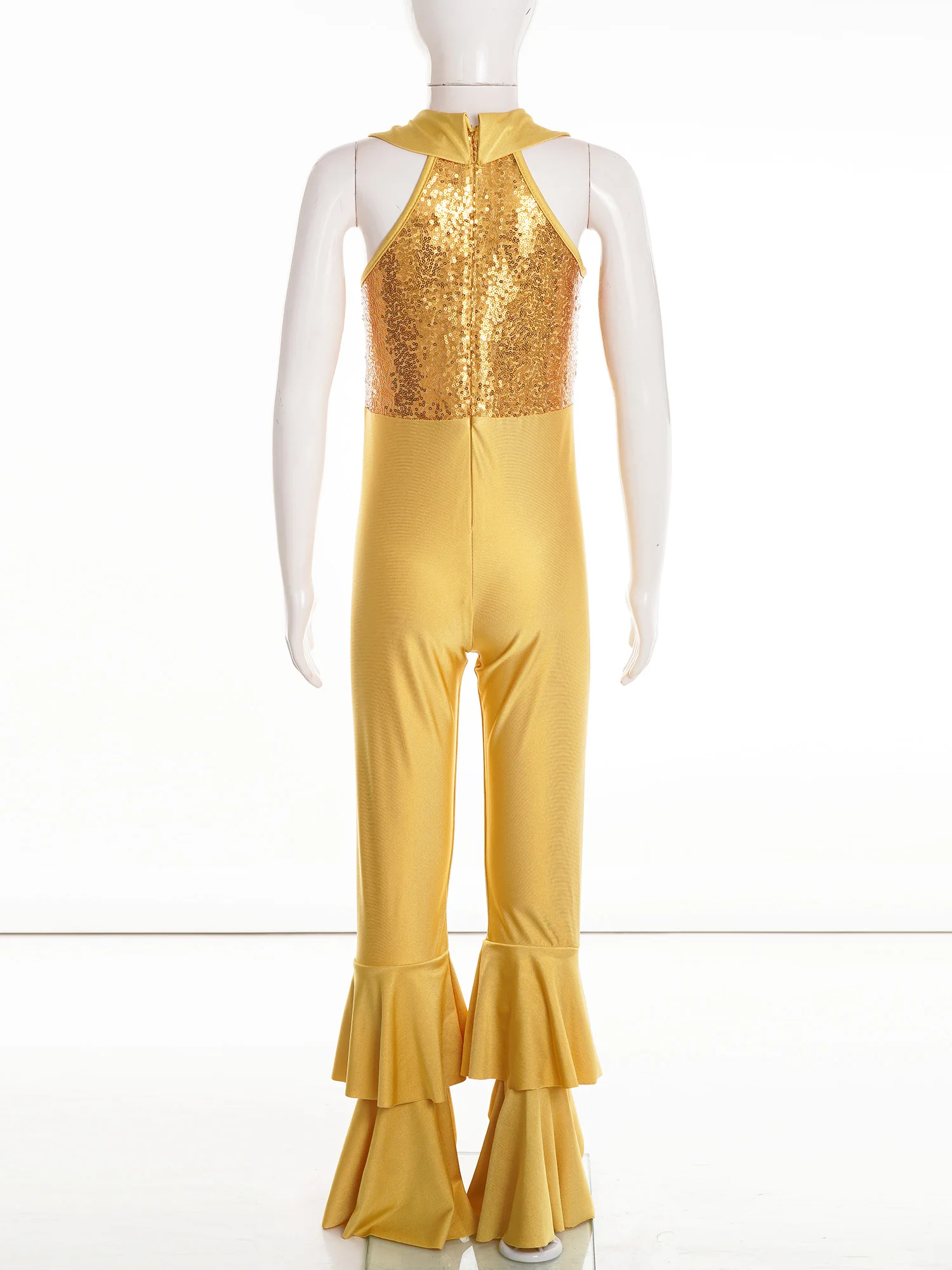 Girls Ballroom Dance Costumes Shiny Sequins O-ring Front Tiered Bell-bottom Long Pants 60s 70s Hippie Disco Dance Leotards