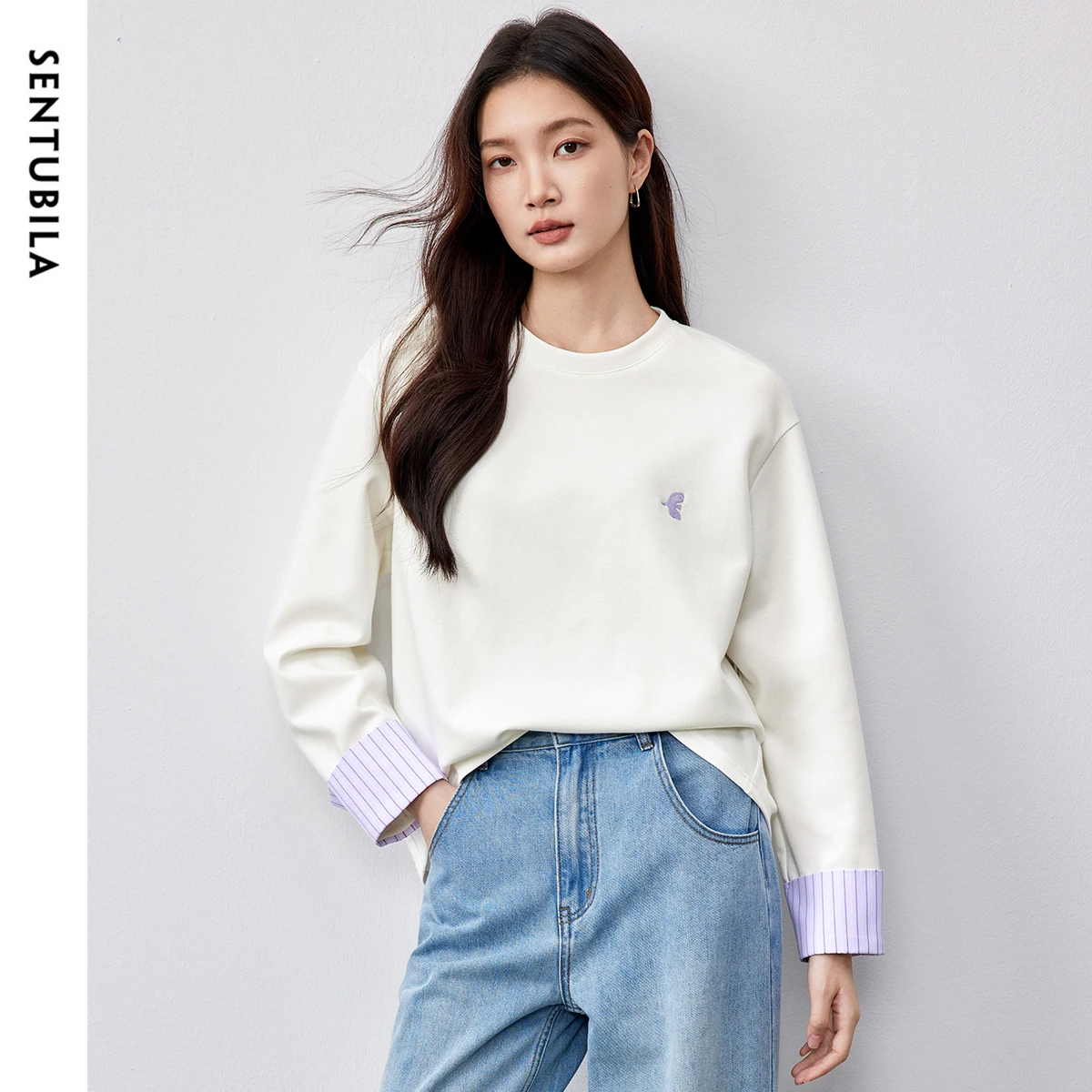 

SENTUBILA Spliced Cotton Sweatshirts Women 2025 Spring Fall Commute Embroidery Patchwork Casual Cozy Long Sleeve Tops 151A58383