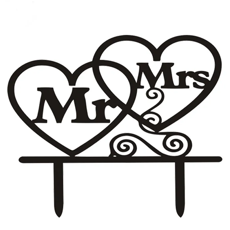 1pc Black White Mr & Mrs Acrylic Love Hearts Cake Flag Toppers For Wedding Anniversary Party Cake Decor Hot Sale