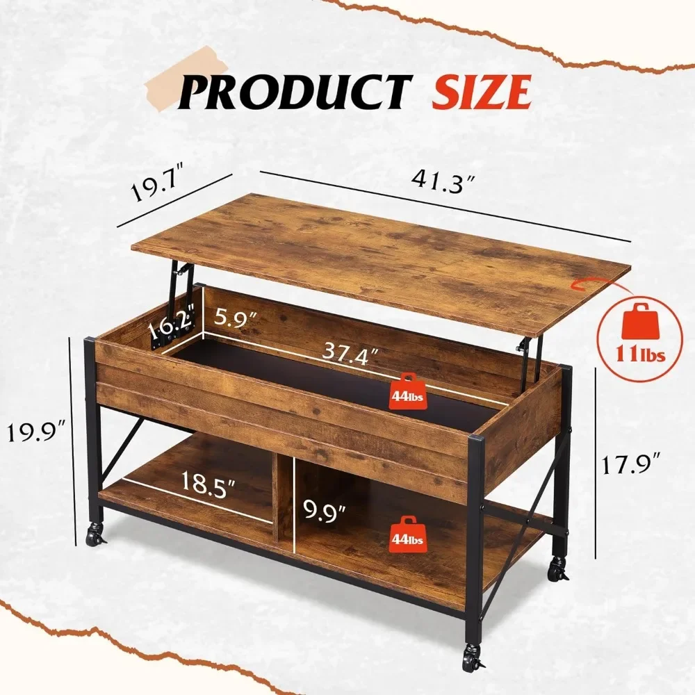 Mesa de centro elevadora para sala de estar, con almacenamiento, compartimento oculto y Marco de Metal, mesa Central con 4 ruedas para sala de estar