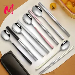 Chopsticks Spoon Cutlery Set Reusable Stainless Steel Non-slip Sushi Sticks Food soup Spoon Dinnerware Set