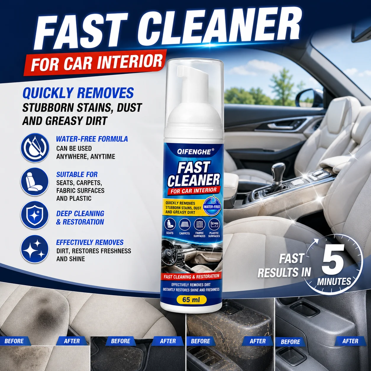 Seat Cleaner Fabric - QIFENGHE 65ml Pembersih Cepat untuk Interior