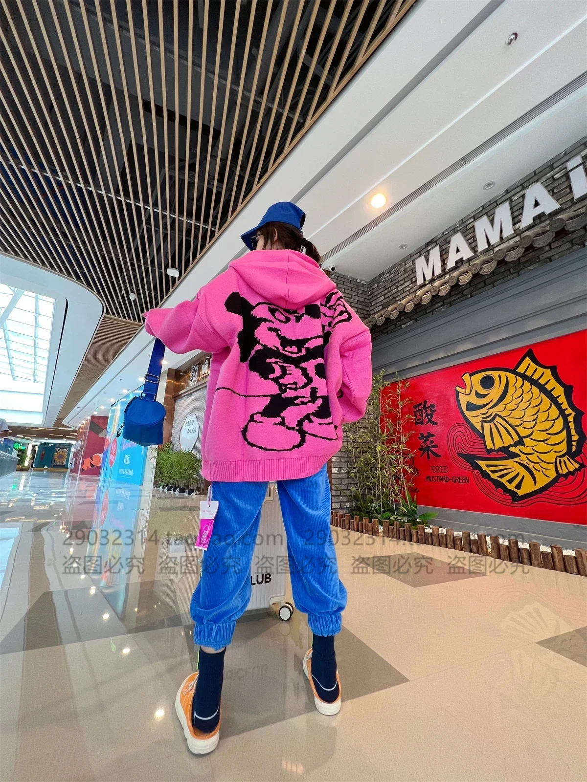 Fashion Loose Cartoon Pattern Warm with Fleece Thickened Sweater Coat Female Winter Mid-Length Oversized Hooded Knit Cardigan