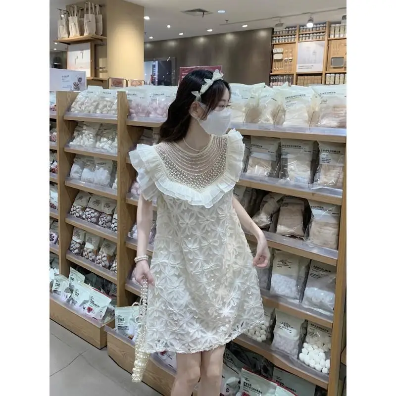 

Feifei Sleeve Lace Dress Female 2025 Summer Sweet Heavy Industry Nail Bead Design Sense Slim Skinny Skirt