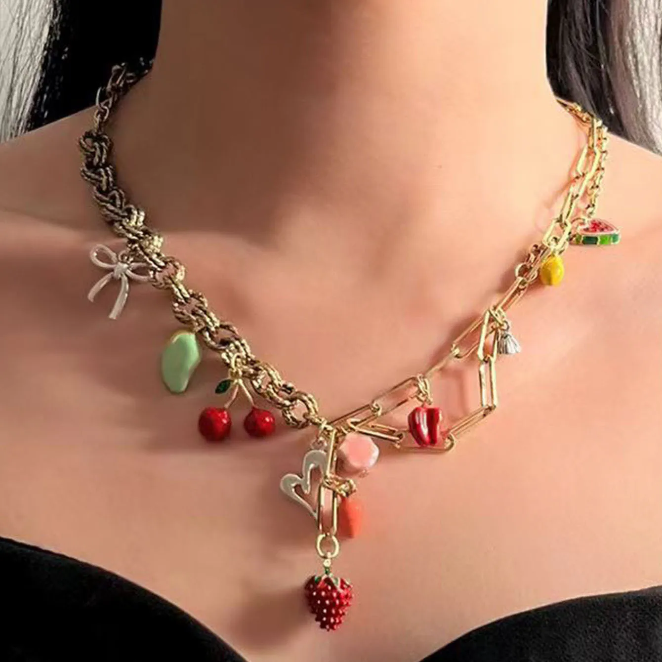 Personalized Alloy Strawberry Cherry Radish Pendant Spliced Chain Necklace