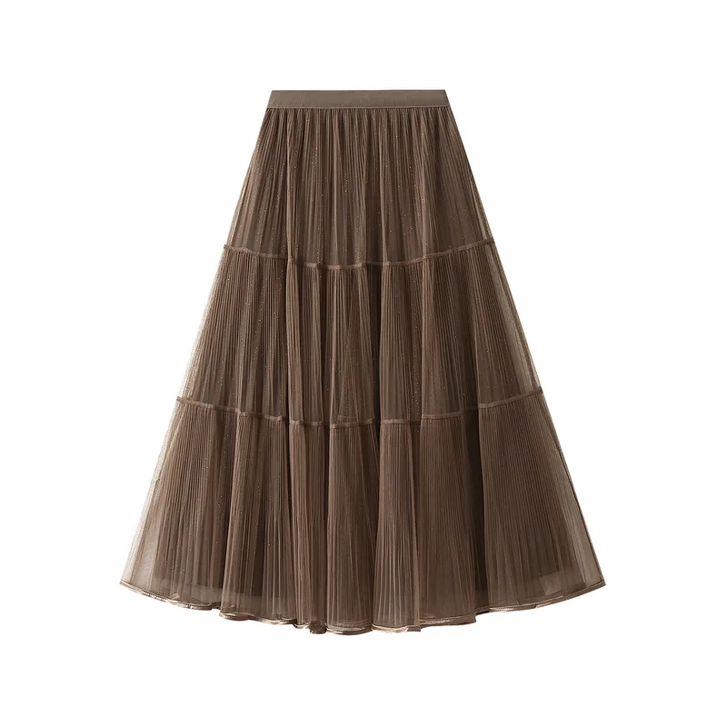 Jupe mi-longue en tulle taille haute pour femme, jupes plissées en maille, mode coréenne mignonne, monochromatique, décontractée, ligne A, douce, élégante, nouveau