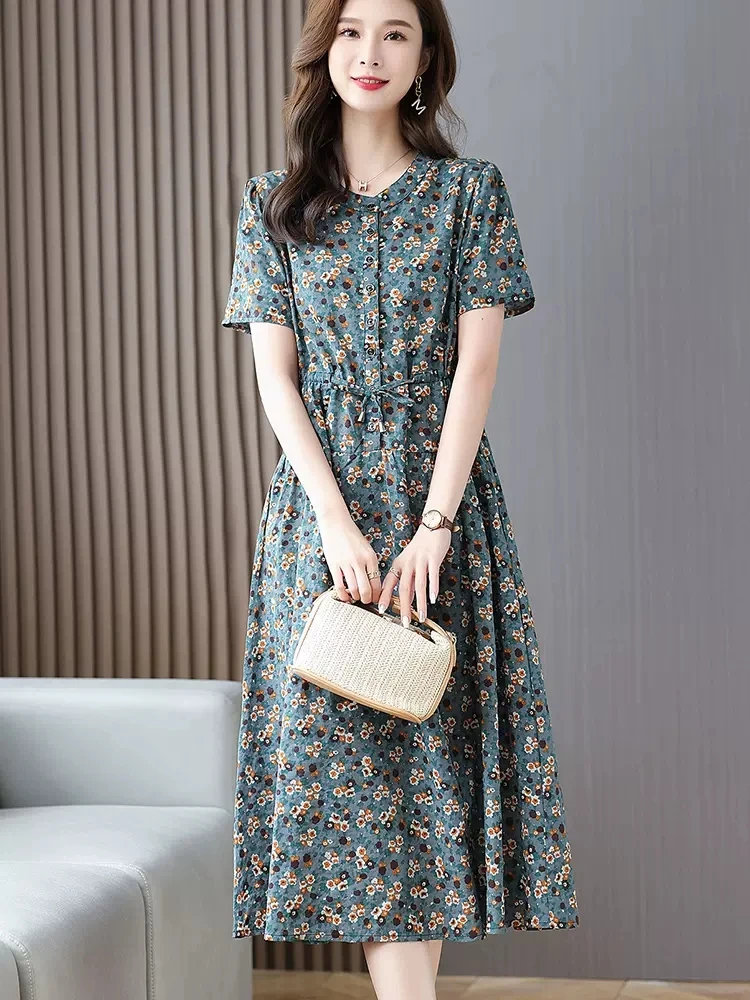 Cotton Dresses Women 2023 New Summer Elegant Floral Print Drawstring Maxi Dress Casual Loose Mommy Clothes Robe Femme 4XL