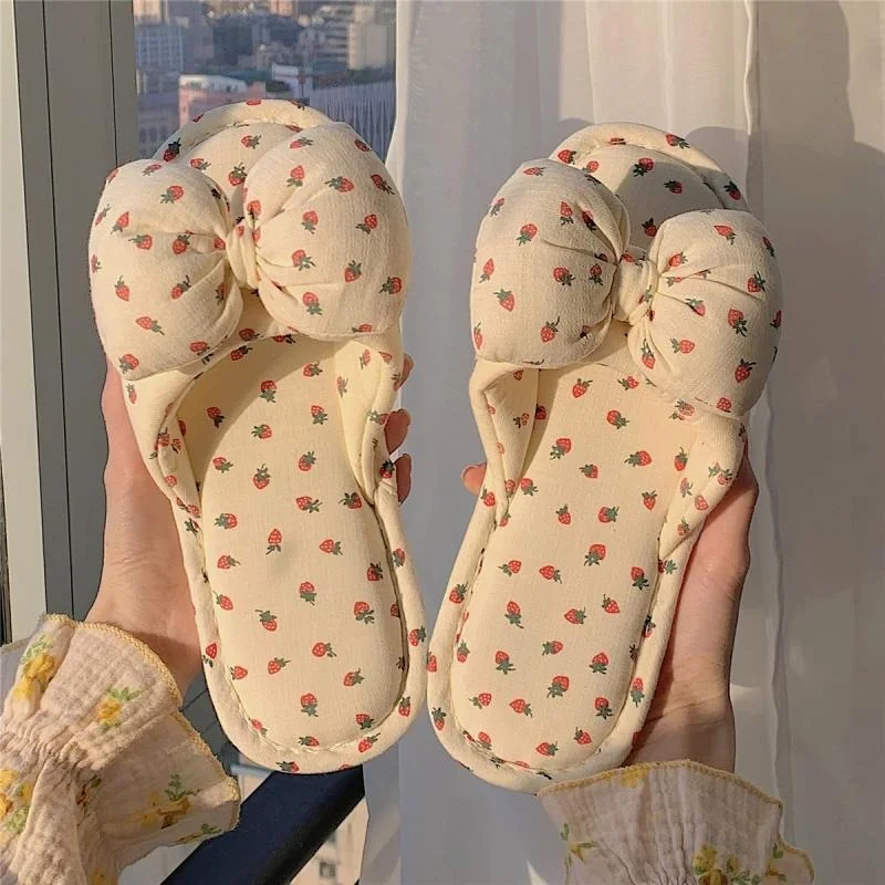 Fashion Casual And Comfortable Four Seasons Linen Slippers Indoor Home Cute Girly Heart Bow Slippers Women Shoes