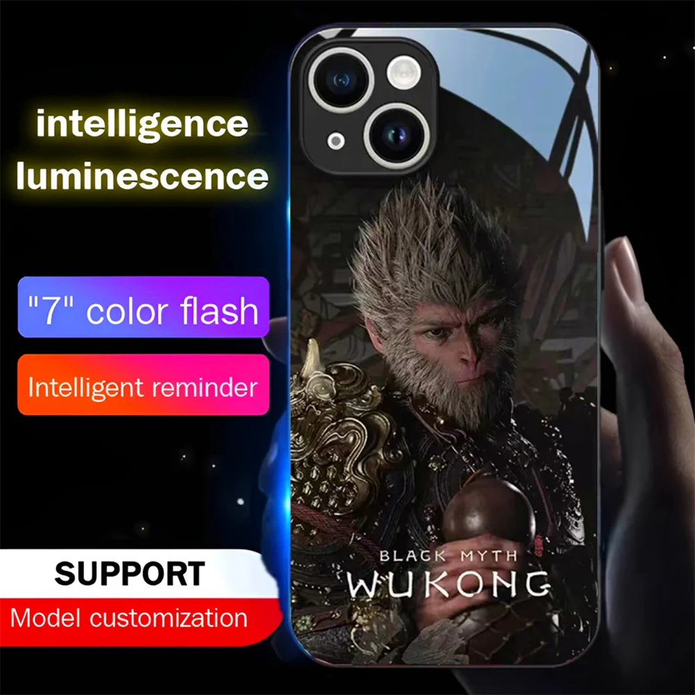 WuKong 3A Game Luminous Tempered Glass Phone Case LED Backlight Cover For Samsung S24 S23 S22 S21 S20 FE Note 10 20 Plus Ultra