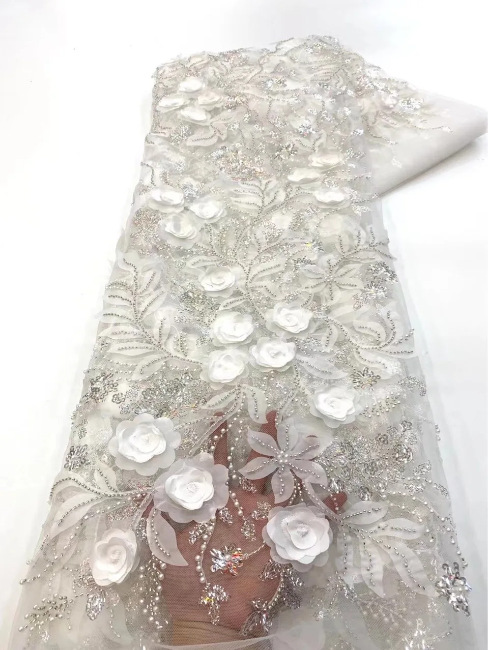 

3D Florals Lace Fabric Off White Pearls Sequins Beading Lace for Gowns Luxury 130CM Wide