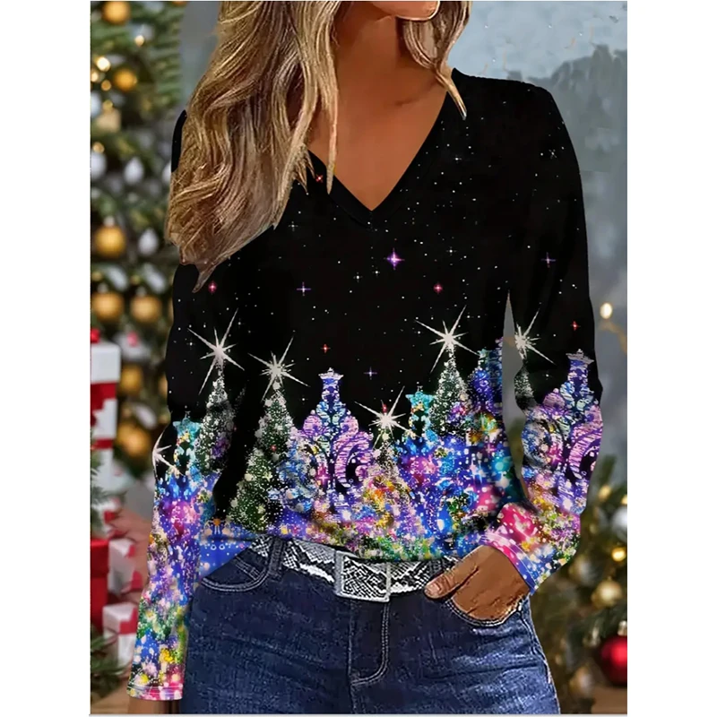 Christmas T-shirt For Elegant Beauty Women Ladies Xmas Gift Tops For Holiday