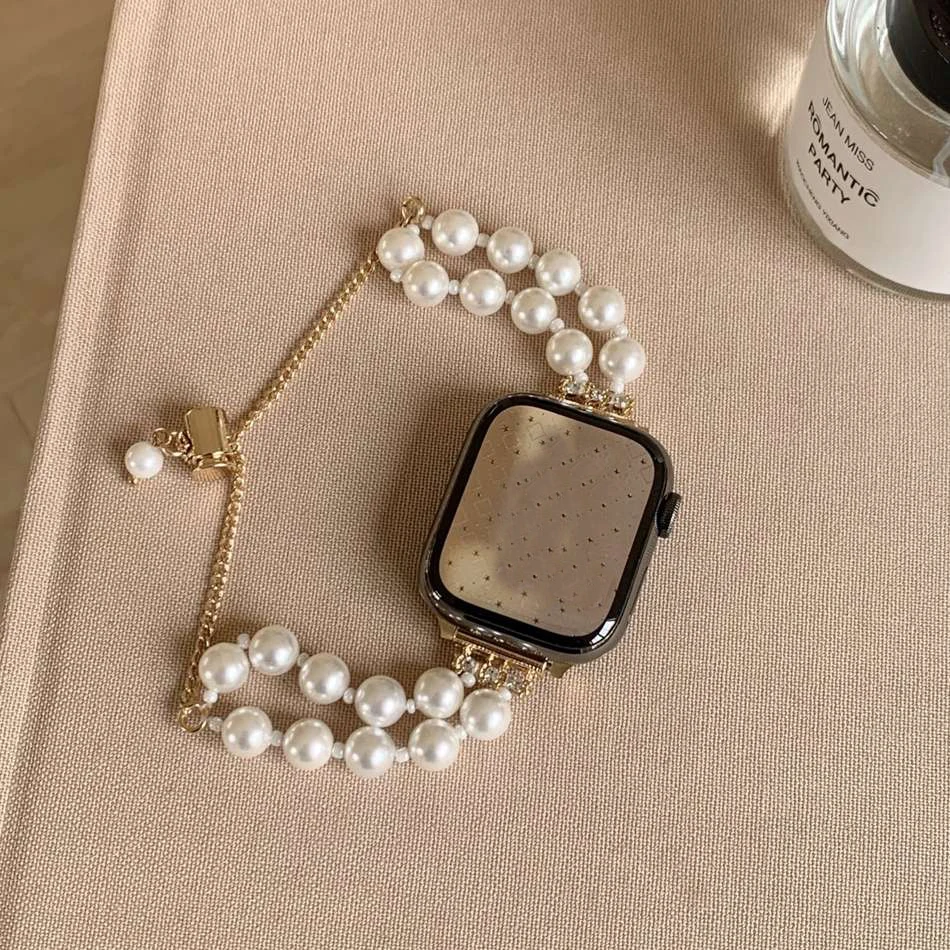 Luxury Pearl Strap For Apple Watch Band S10 9 8 7 6 SE 5 4 3 46/45/44/42/41/40/38mm IWatch Ultra 2 49mm Fashion Chain Bracelet