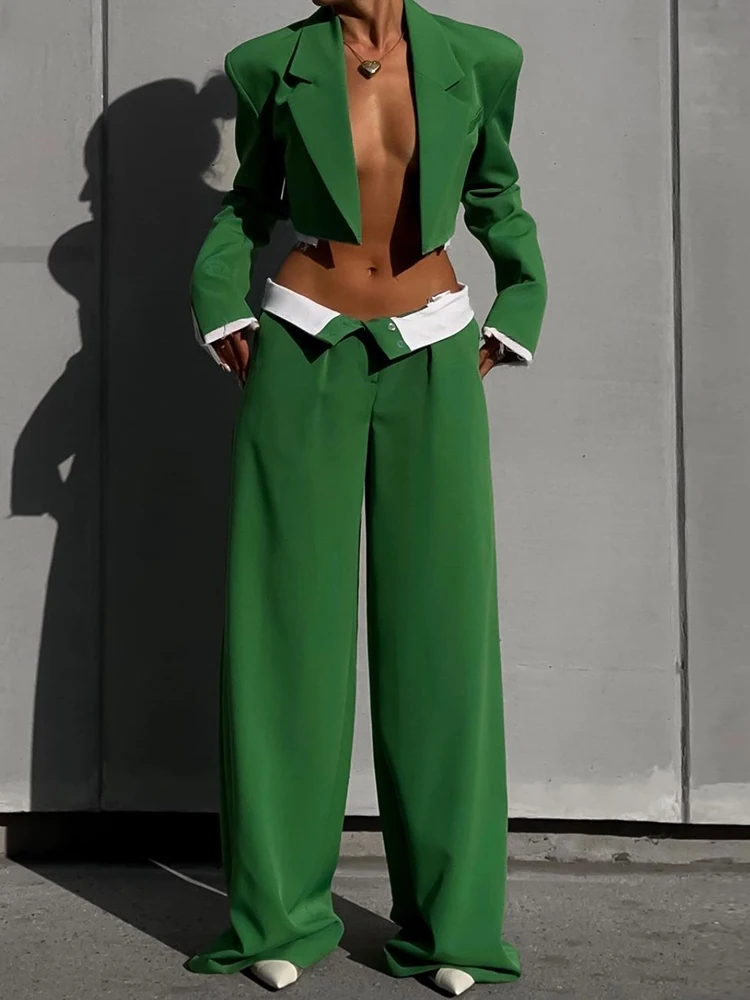 Green UltraShort Two Piece Sets For Women Notched Collar Long Sleeve Blazer + High Waist Wide Leg Pant Loose Sets Female New2023