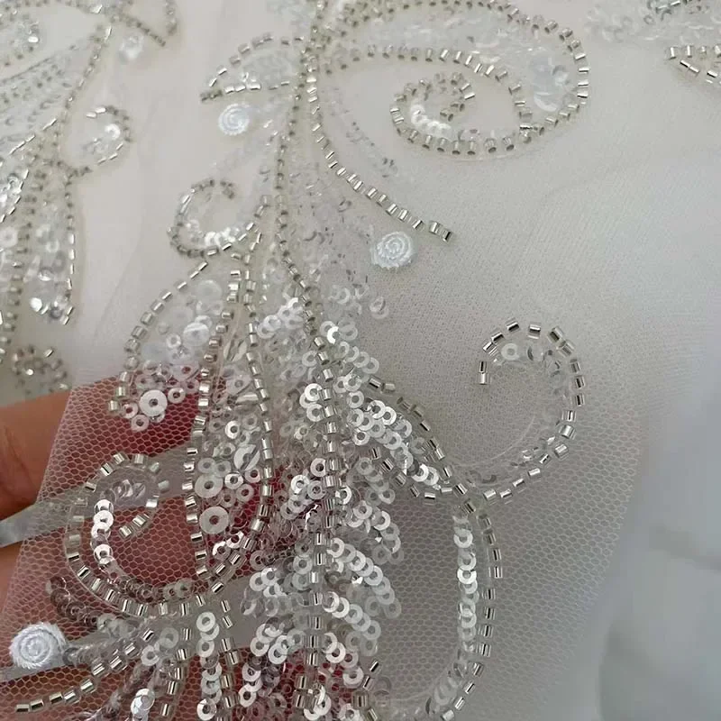 1Pair/45*16CM White Flower Rhinestone Tube Beaded Sequin Embroidery Sewing Patch,Lace Bodice Applique Sew On Patches For Dress