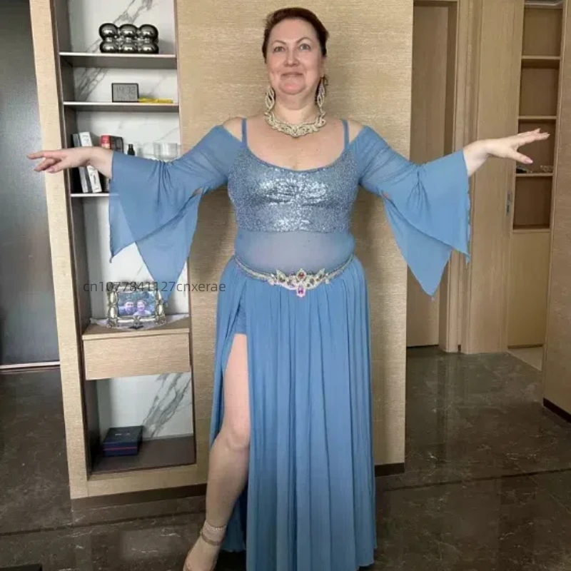 Новый костюм для танца живота, осенне-зимний сетевой костюм для восточных танцев, комплект платьев для занятий животом для женщин